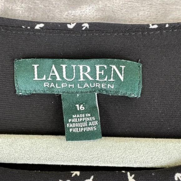 Lauren Ralph Lauren Cocktail Dress Women's 16‎ Black White Pattern Ruched (1283) - Picture 2 of 12